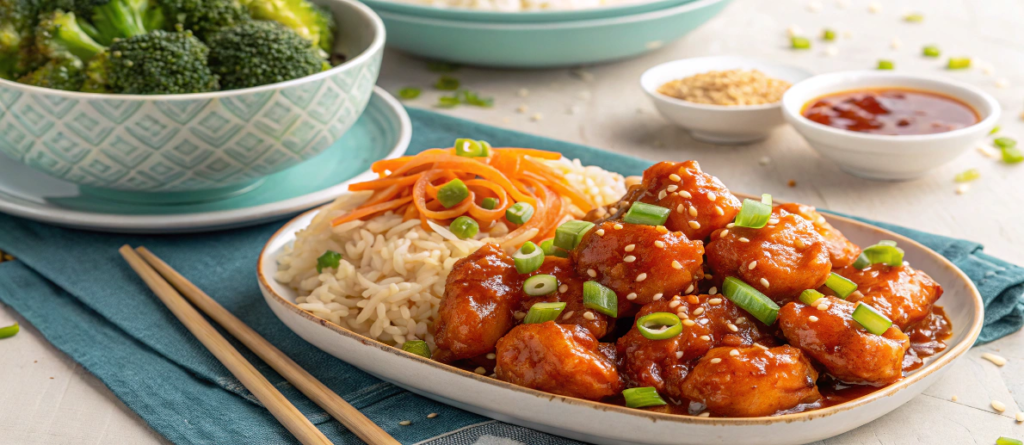 A Delicious Plate Of Easy Orange Chicken Recipe Served With Rice And Vegetables.