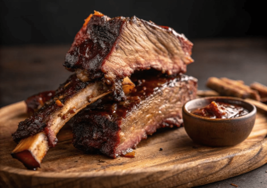 A Plate Of Tender Instant Pot Beef Ribs Covered In Caramelized Bbq Sauce, Garnished With Parsley, And Served On A Wooden Plate.