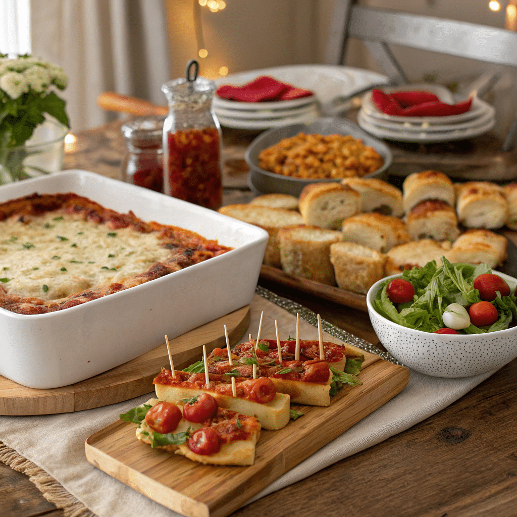 The Best Italian Potluck Recipes For A Crowd-Pleasing Feast A Delicious Italian Potluck Spread Featuring Lasagna, Baked Ziti, Bruschetta, And Antipasto Skewers.