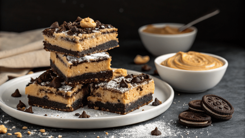 A Stack Of Peanut Butter And Oreo Dessert Bars With Layers Of Oreo Crust, Peanut Butter Filling, And Chocolate Drizzle, Garnished With Crushed Oreos.