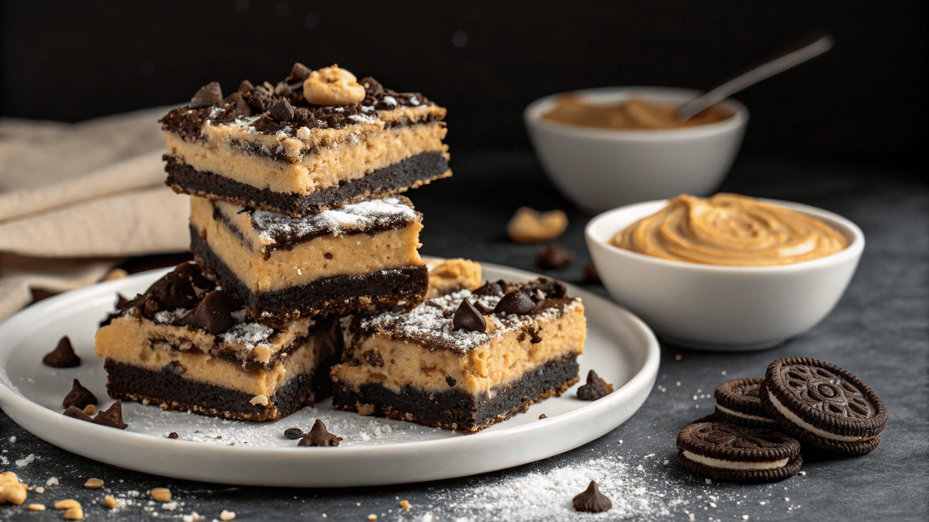 A Stack Of Peanut Butter And Oreo Dessert Bars With Layers Of Oreo Crust, Peanut Butter Filling, And Chocolate Drizzle, Garnished With Crushed Oreos.