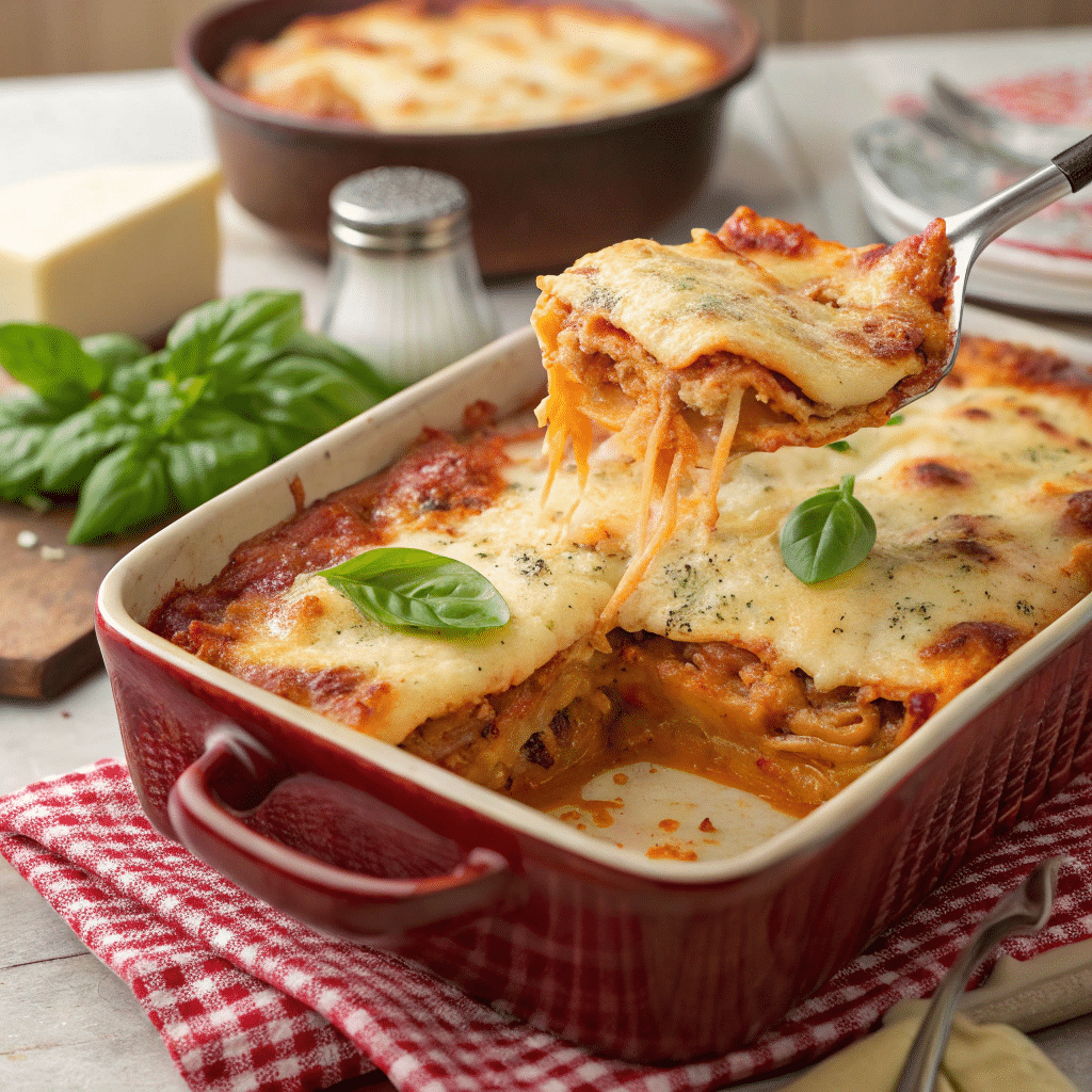A Rustic Italian Potluck Table Featuring Lasagna, Caprese Salad, Risotto, And Fresh Garlic Bread With Basil Garnish.
