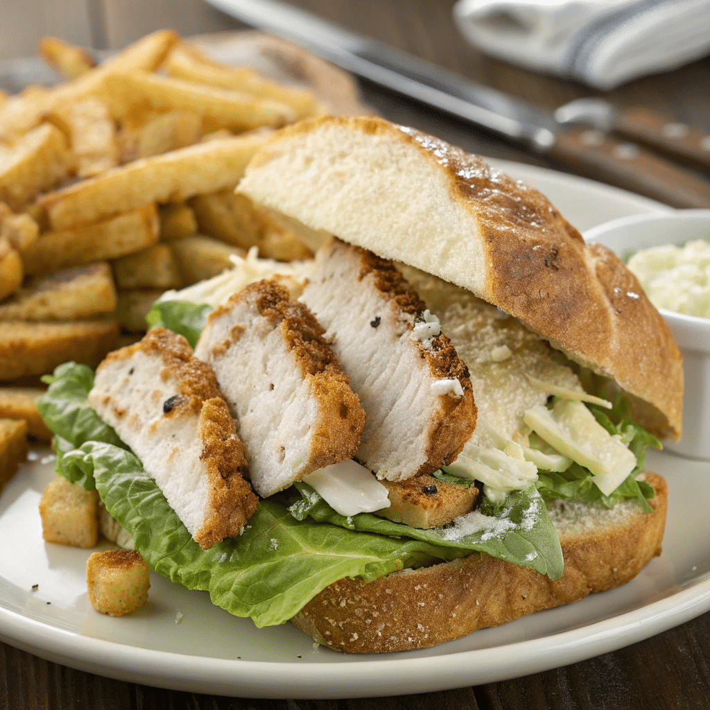 Delicious Chicken Caesar Sandwich Served Alongside Golden Crispy Fries.