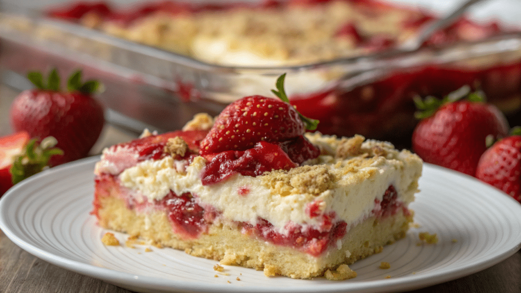 A Slice Of Warm Strawberry Cheesecake Dump Cake Topped With Vanilla Ice Cream And A Drizzle Of Strawberry Sauce.