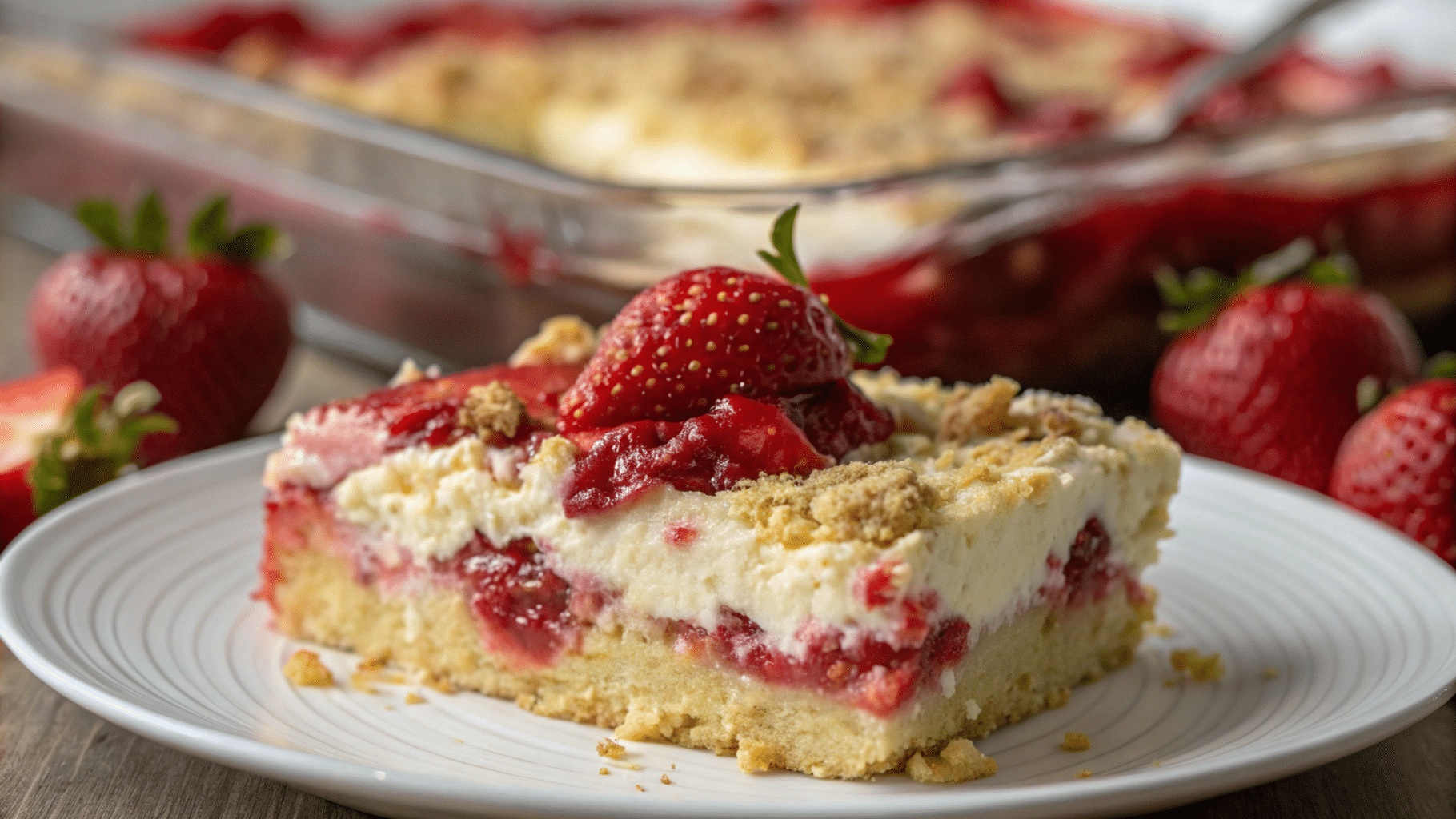 A Slice Of Warm Strawberry Cheesecake Dump Cake Topped With Vanilla Ice Cream And A Drizzle Of Strawberry Sauce.