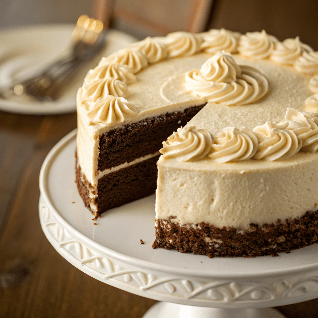 A Moist Chocolate Cake With Smooth Vanilla Frosting, Sliced To Reveal Its Rich Texture.
