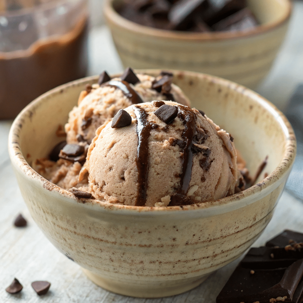 A Bowl Of Rich And Creamy Chocolate Chocolate Chip Ice Cream With Chocolate Shavings And A Drizzle Of Melted Chocolate.