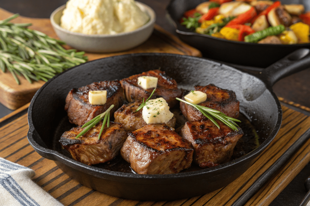 Pan-Seared Premium Steak Tips In A Cast-Iron Skillet With Rosemary And Garlic Butter.