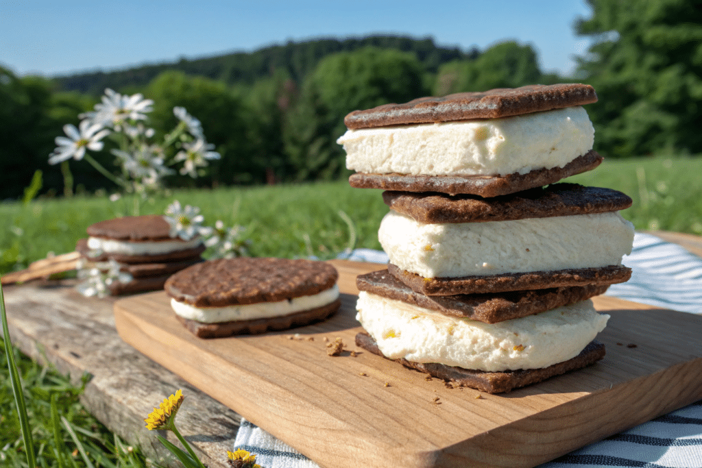 A Stack Of Homemade Vanilla Ice Cream Sandwiches With Creamy Vanilla Ice Cream And Chocolate Wafers.