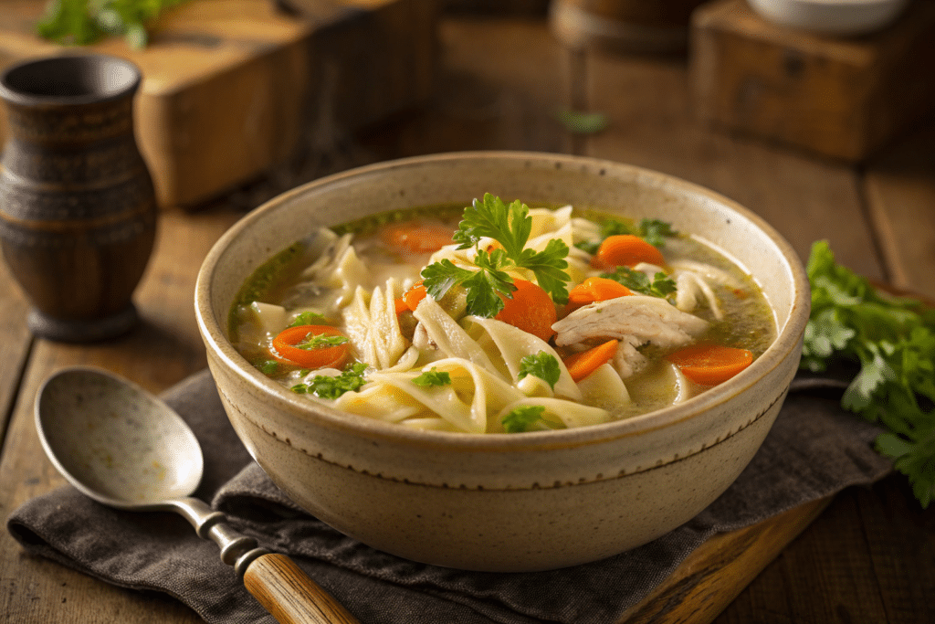 A Bowl Of Homemade Chicken Soup Mom With Shredded Chicken, Carrots, Celery, And Noodles.